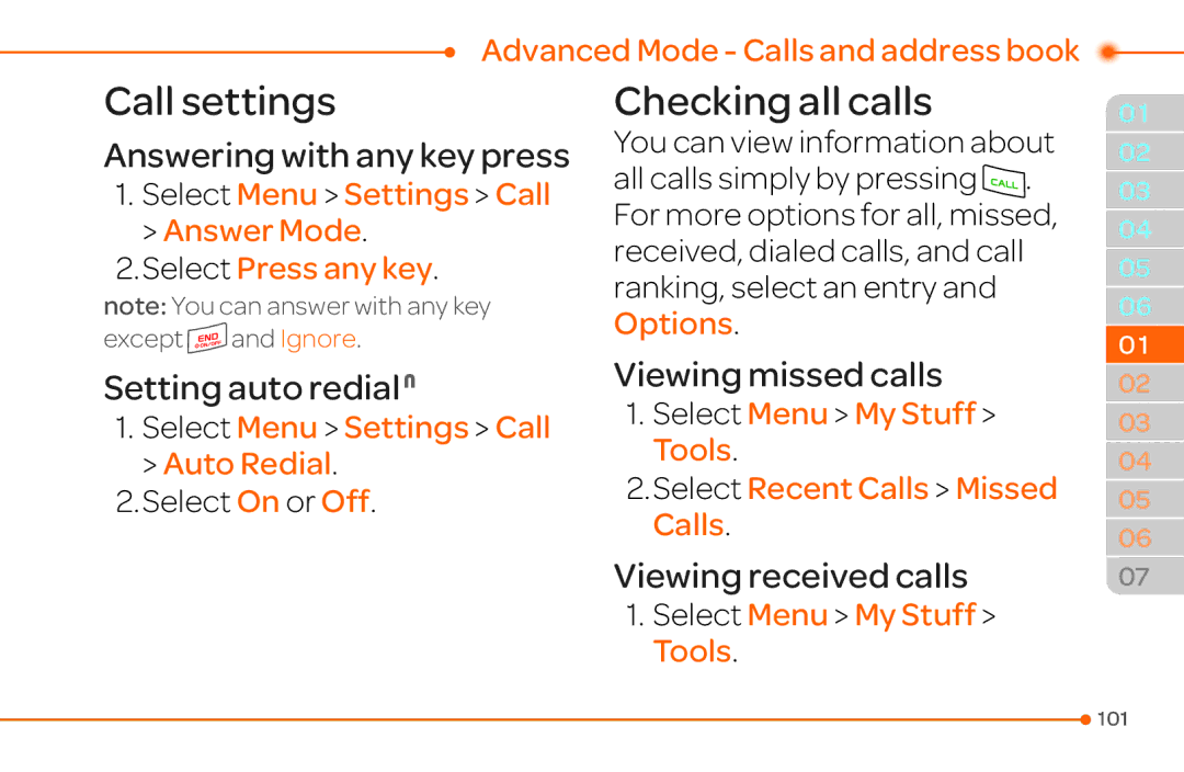 Pantech 4 manual Call settings, Answering with any key press, Setting auto redial N 